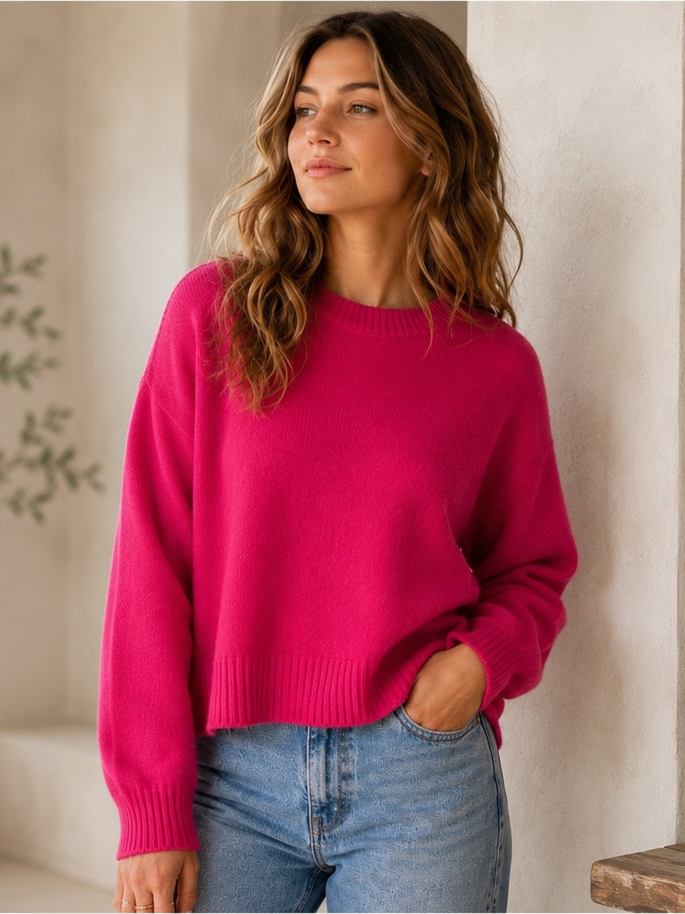 Anthropologie 100% Cashmere Boxy Oversized Hot Pink Crewneck Cropped Sweater 1X